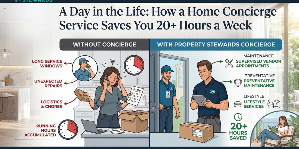 Infographic showing how Property Stewards home concierge service saves homeowners 20 hours a week