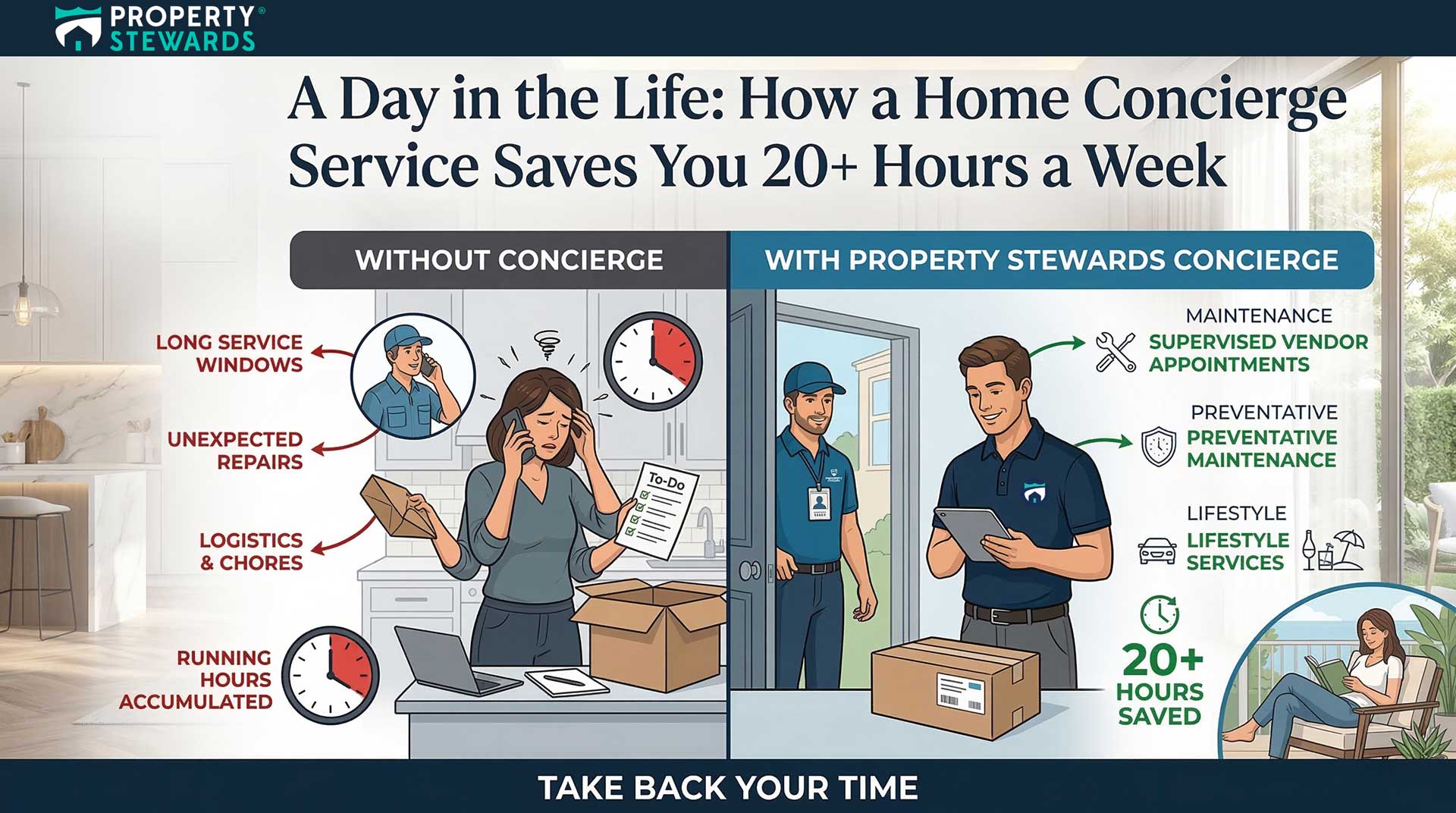 A Day in the Life: How a Home Concierge Service Saves You 20+ Hours a Week - Property Stewards Infographic showing how Property Stewards home concierge service saves homeowners 20 hours a week