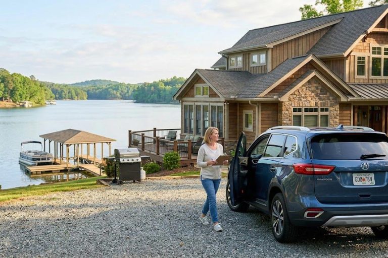 Woman with a tablet standing beside a blue SUV in a gravel driveway in front of a lakeside house with a dock and boat visible by the water.
