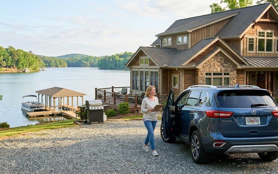 Woman with a tablet standing beside a blue SUV in a gravel driveway in front of a lakeside house with a dock and boat visible by the water.