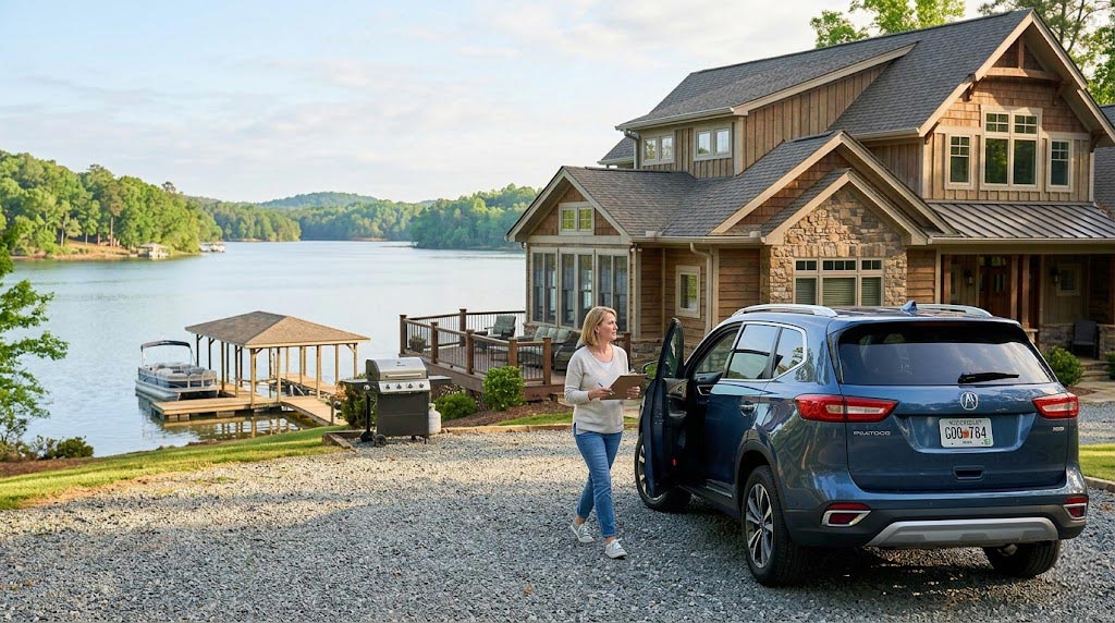 Lake-Oconee-Vacation-Home-Maintenance-Checklist-What-to-Check-Before-You-Arrive - Property Stewards Woman with a tablet standing beside a blue SUV in a gravel driveway in front of a lakeside house with a dock and boat visible by the water.