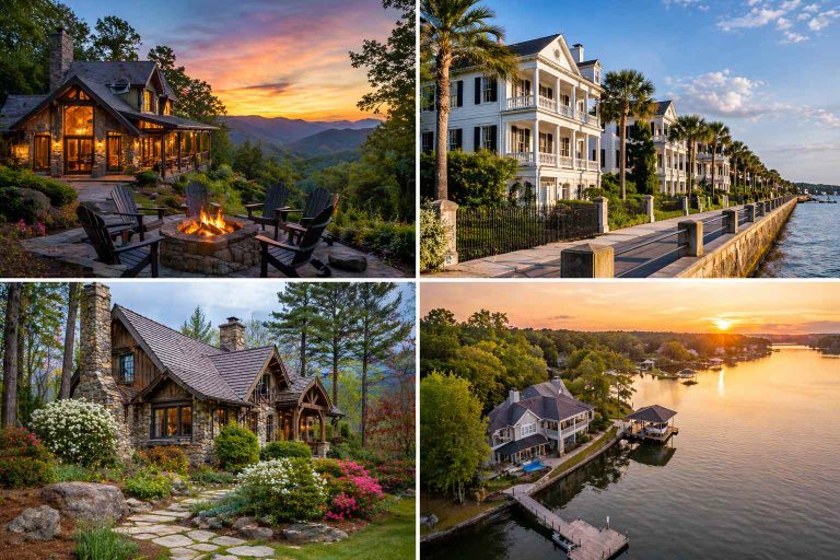 Luxurious mountain retreat with a stone house and a fire pit circle at sunset.🏕️🔥 (outdoor gathering)