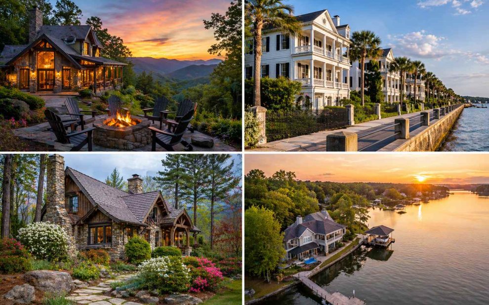 Luxurious mountain retreat with a stone house and a fire pit circle at sunset.🏕️🔥 (outdoor gathering)