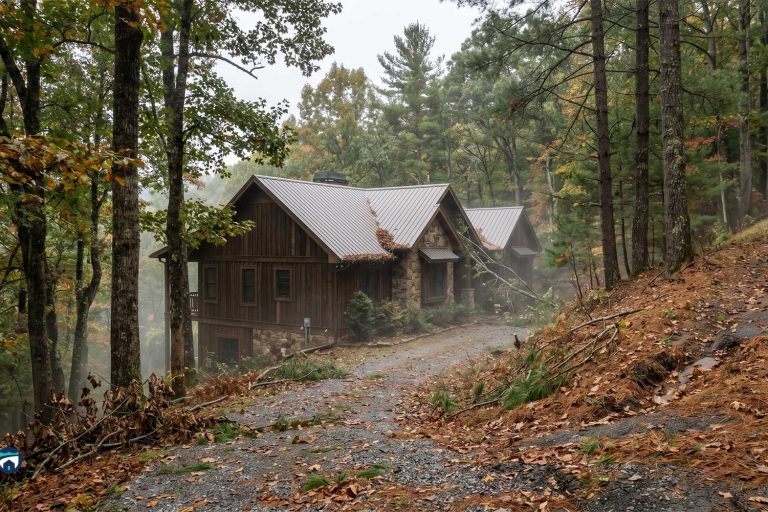 Cozy wooden cabin in a misty autumn forest, with a gravel path winding past fallen leaves.