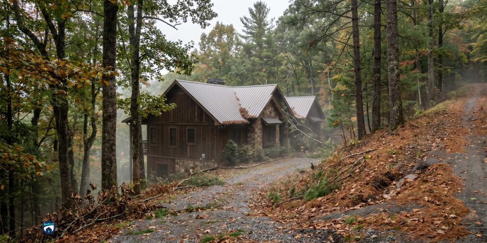 Cozy wooden cabin in a misty autumn forest, with a gravel path winding past fallen leaves.