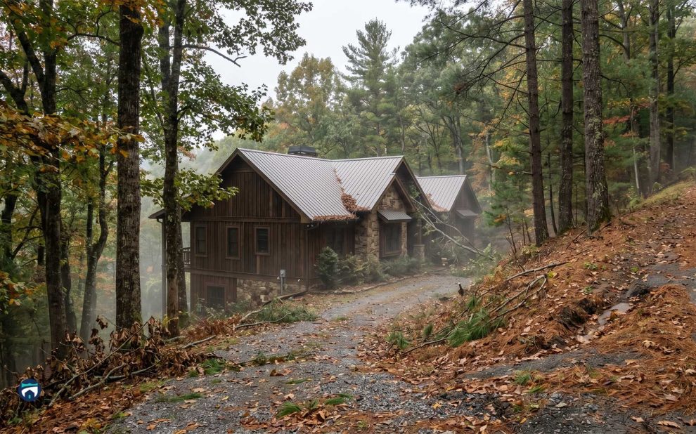 Cozy wooden cabin in a misty autumn forest, with a gravel path winding past fallen leaves.