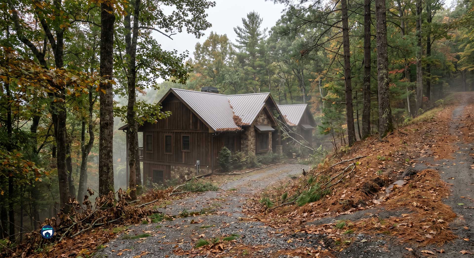 Who-Checks-on-Your-Highlands-Home-When-Youre-Away - Property Stewards Cozy wooden cabin in a misty autumn forest, with a gravel path winding past fallen leaves.