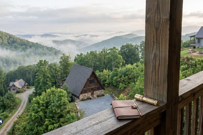 Notebook and brass telescope rest on a weathered wooden railing, overlooking a misty forested valley with cabins below in Highlands, NC.