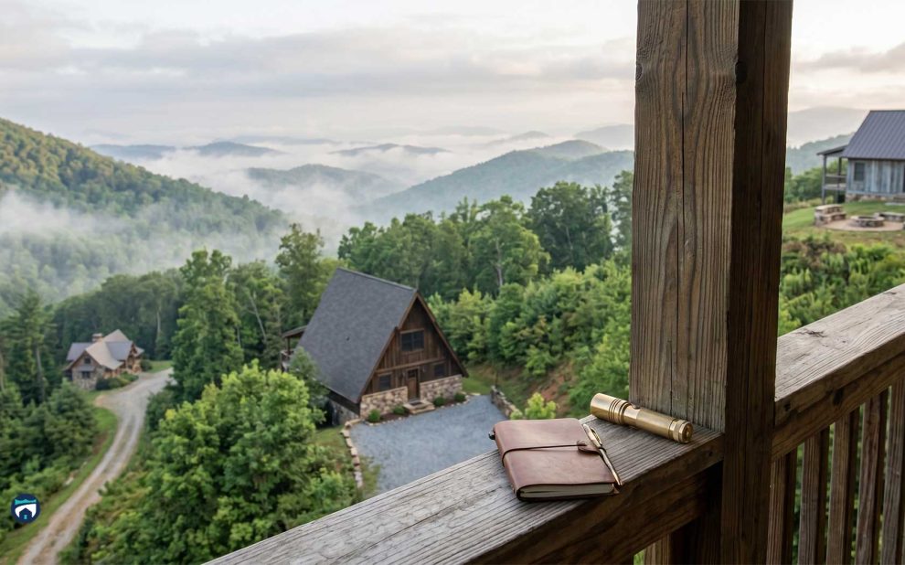 Notebook and brass telescope rest on a weathered wooden railing, overlooking a misty forested valley with cabins below in Highlands, NC.