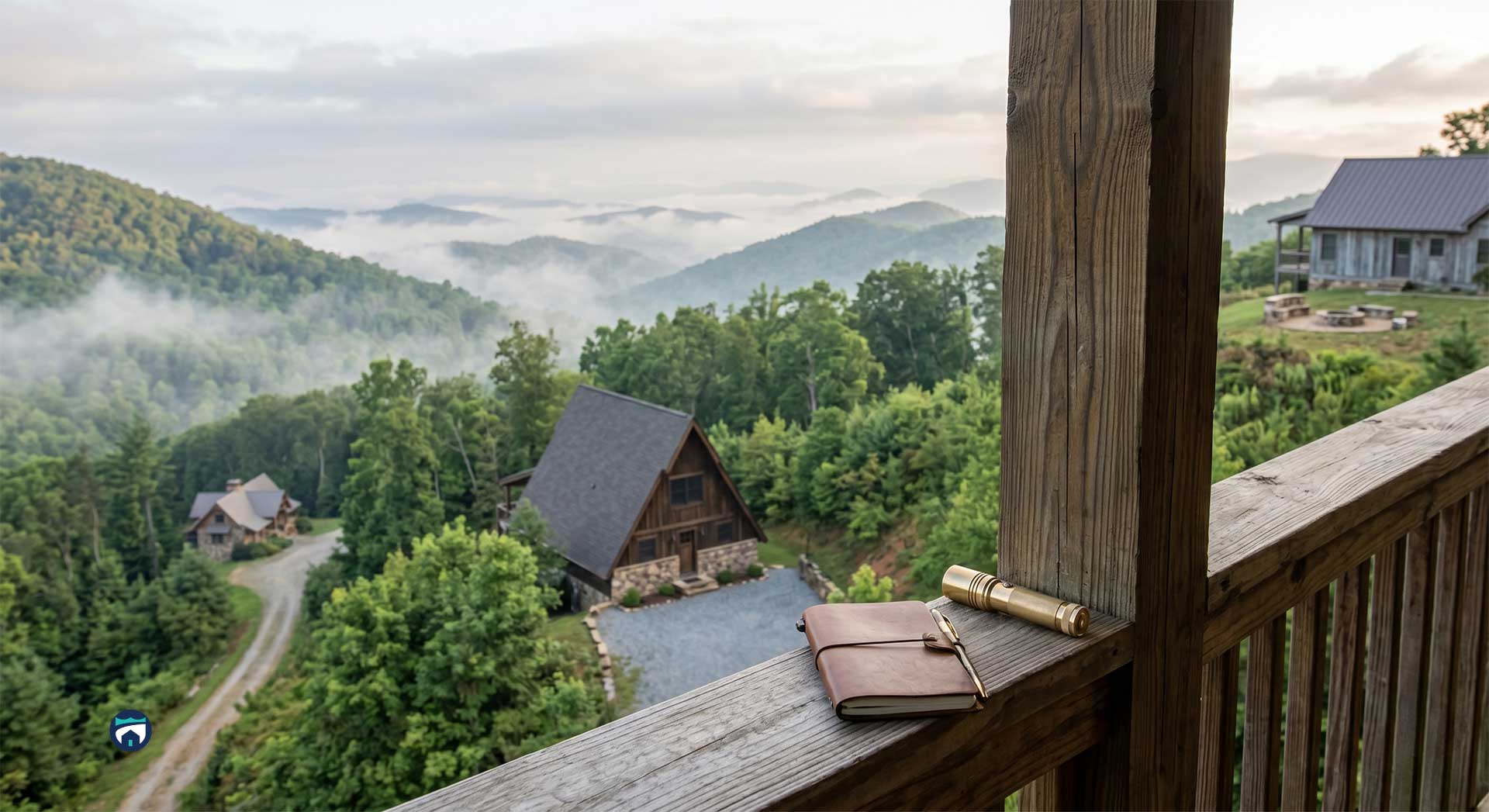 Notebook and brass telescope rest on a weathered wooden railing, overlooking a misty forested valley with cabins below in Highlands, NC.
