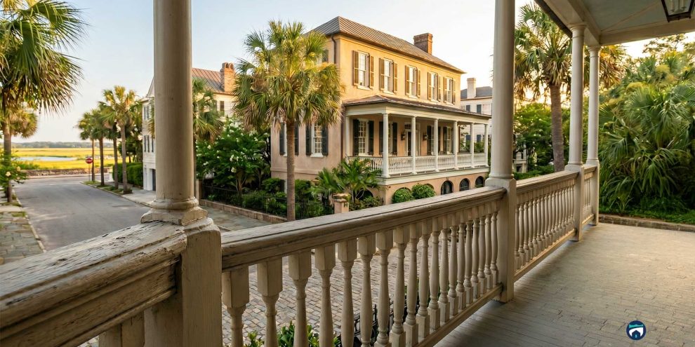 Wide porch of a historic beige house with white columns, palm trees, and a cobblestone street.