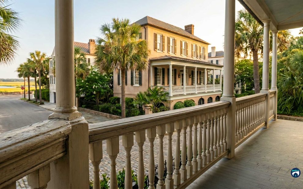 Wide porch of a historic beige house with white columns, palm trees, and a cobblestone street.