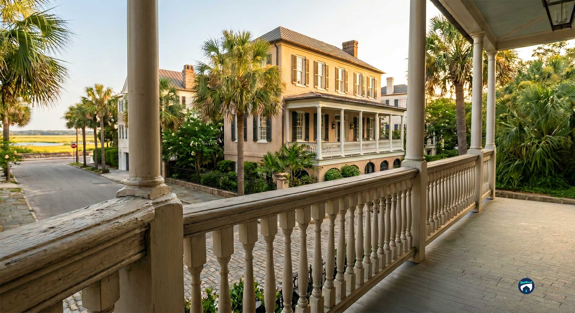 Wide porch of a historic beige house with white columns, palm trees, and a cobblestone street.