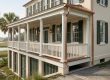 An elevated, luxury Charleston-style coastal home with immaculate cream-colored walls, dark green shutters, and crisp white porch railings. The property features a polished wooden deck, brand-new copper gutters, and a palm tree, all overlooking a serene salt marsh with winding waterways under a bright sky.