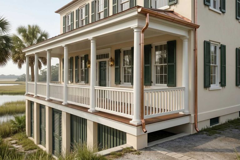 An elevated, luxury Charleston-style coastal home with immaculate cream-colored walls, dark green shutters, and crisp white porch railings. The property features a polished wooden deck, brand-new copper gutters, and a palm tree, all overlooking a serene salt marsh with winding waterways under a bright sky.