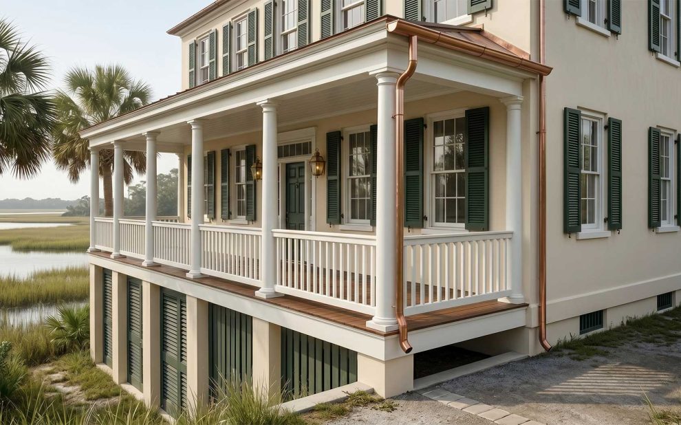An elevated, luxury Charleston-style coastal home with immaculate cream-colored walls, dark green shutters, and crisp white porch railings. The property features a polished wooden deck, brand-new copper gutters, and a palm tree, all overlooking a serene salt marsh with winding waterways under a bright sky.