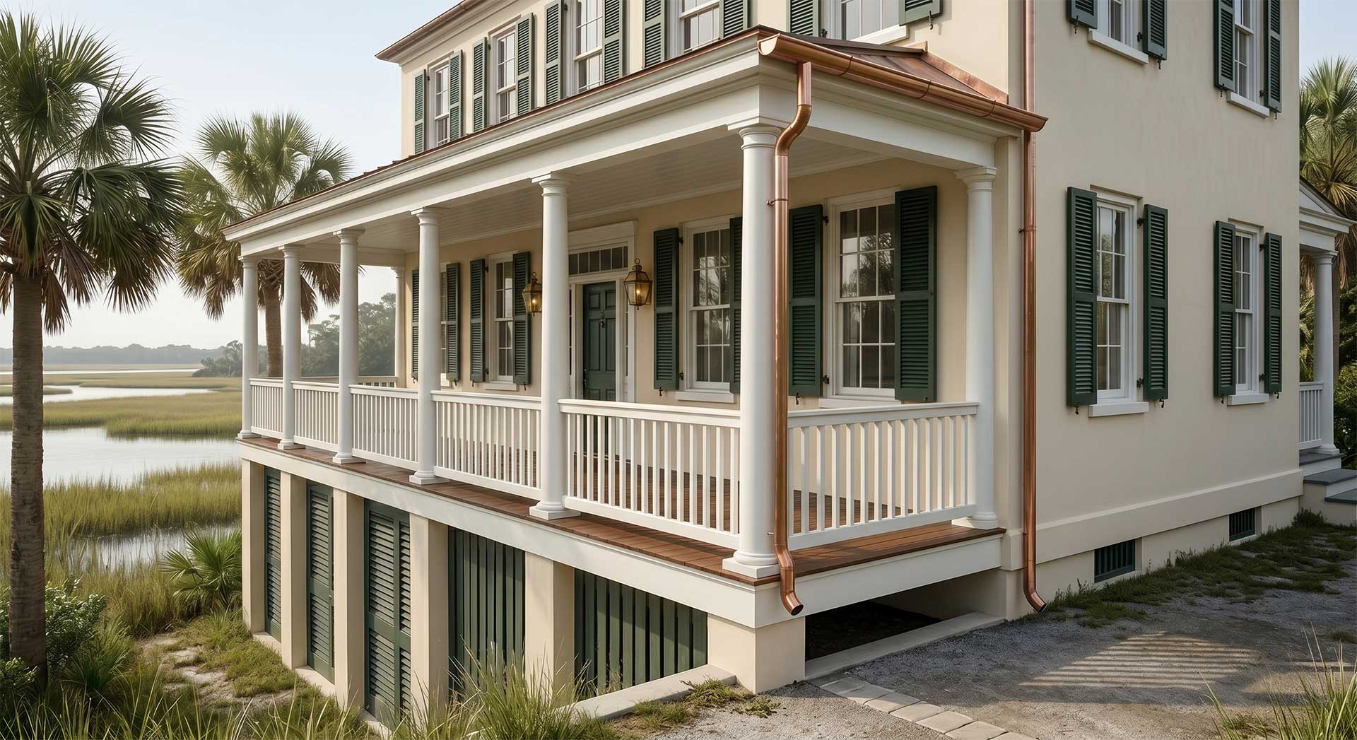 An elevated, luxury Charleston-style coastal home with immaculate cream-colored walls, dark green shutters, and crisp white porch railings. The property features a polished wooden deck, brand-new copper gutters, and a palm tree, all overlooking a serene salt marsh with winding waterways under a bright sky.