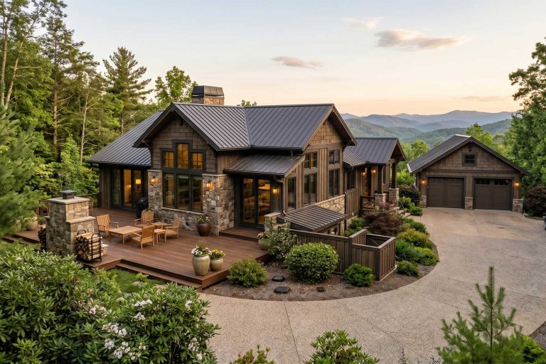 An aerial, wide-angle view of a luxury rustic mountain home with dark wood siding, stone accents, and a metal roof. The property features a spacious wooden deck with outdoor furniture, pristine landscaping, and a concrete driveway leading to a detached two-car garage, set against a backdrop of rolling green mountain ridges at sunset.