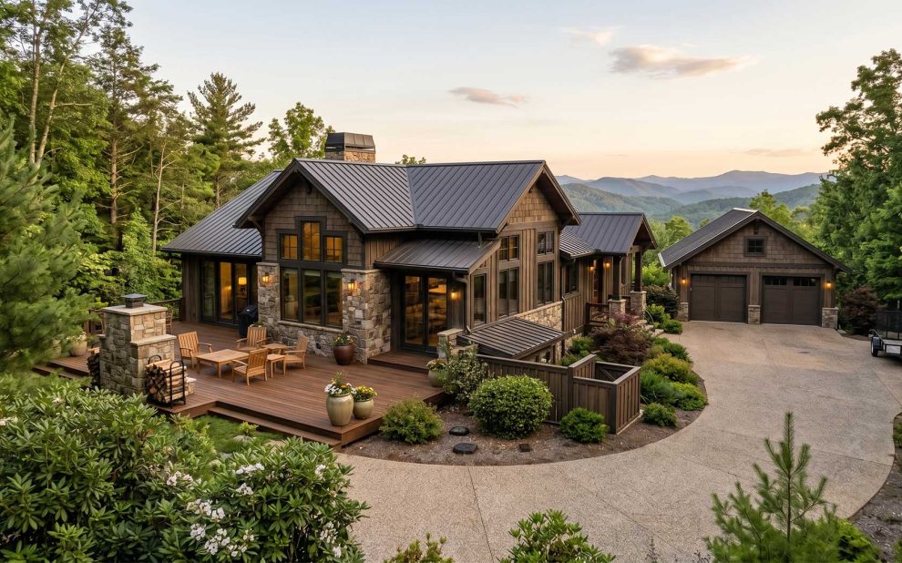 An aerial, wide-angle view of a luxury rustic mountain home with dark wood siding, stone accents, and a metal roof. The property features a spacious wooden deck with outdoor furniture, pristine landscaping, and a concrete driveway leading to a detached two-car garage, set against a backdrop of rolling green mountain ridges at sunset.