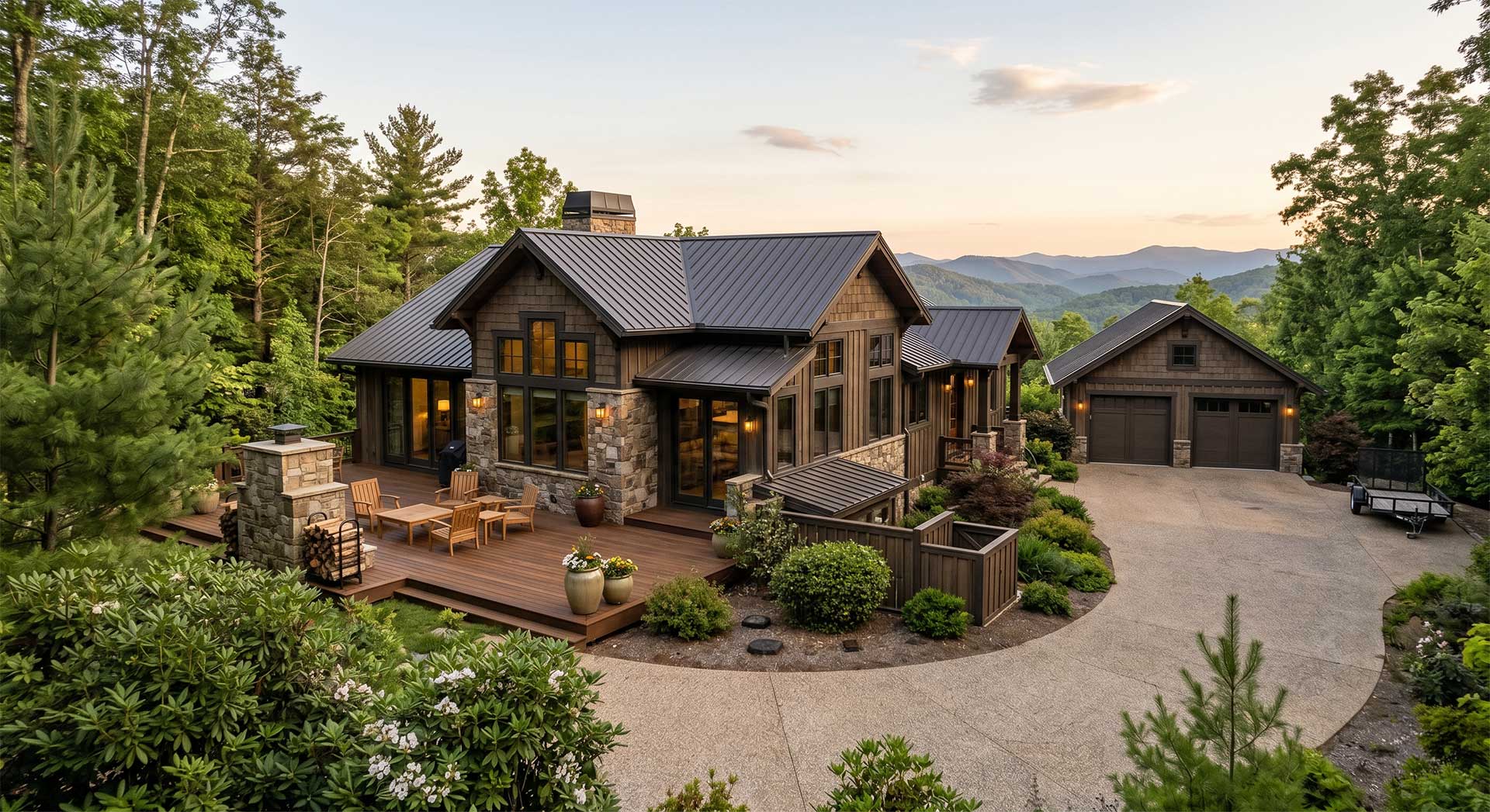 An aerial, wide-angle view of a luxury rustic mountain home with dark wood siding, stone accents, and a metal roof. The property features a spacious wooden deck with outdoor furniture, pristine landscaping, and a concrete driveway leading to a detached two-car garage, set against a backdrop of rolling green mountain ridges at sunset.