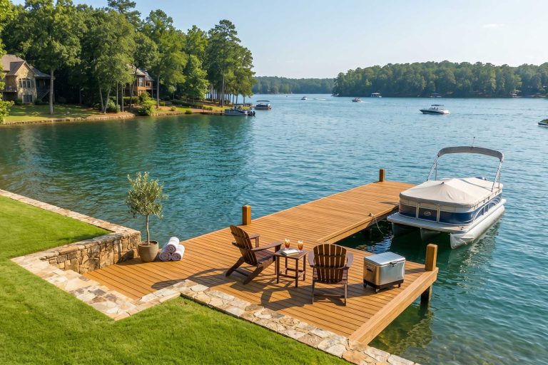 An inviting wooden dock on a calm, sunny lake featuring two wooden Adirondack chairs, a small table with drinks, a cooler, and a pontoon boat moored to the side. The scenic background shows a wide expanse of blue-green water with a few distant boats and a shoreline lined with lush green trees under a clear sky.