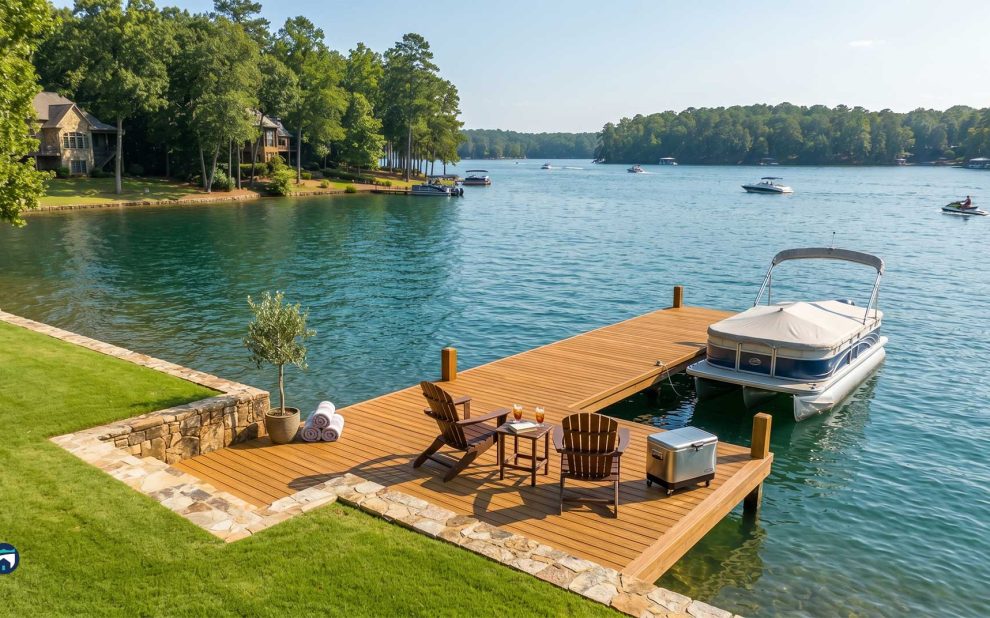 An inviting wooden dock on a calm, sunny lake featuring two wooden Adirondack chairs, a small table with drinks, a cooler, and a pontoon boat moored to the side. The scenic background shows a wide expanse of blue-green water with a few distant boats and a shoreline lined with lush green trees under a clear sky.