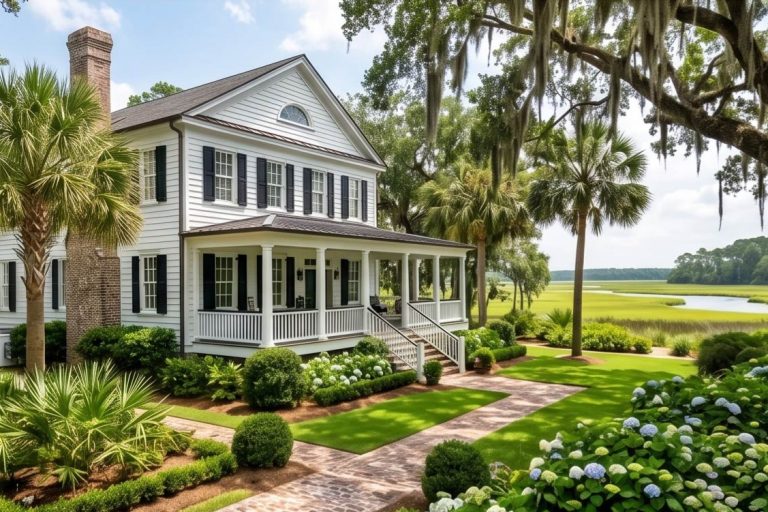 White two-story colonial house with black shutters and a wraparound porch, set in a lush garden near a marsh.