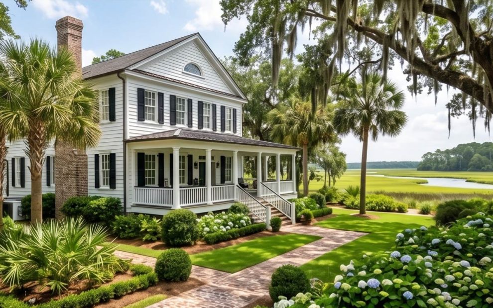 White two-story colonial house with black shutters and a wraparound porch, set in a lush garden near a marsh.