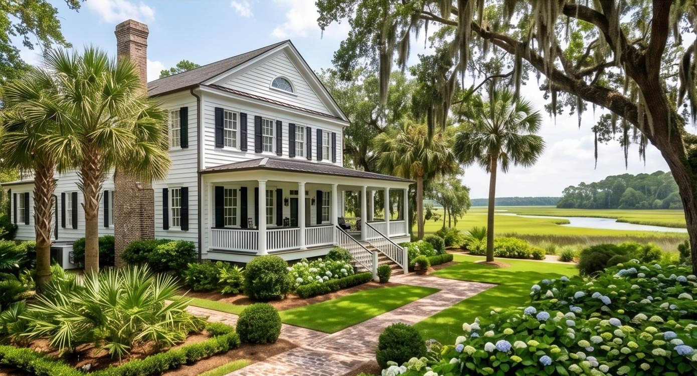 White two-story colonial house with black shutters and a wraparound porch, set in a lush garden near a marsh.
