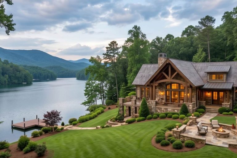 Luxurious lakeside stone house with timber accents, wraparound deck, and a manicured lawn by a calm lake at dusk.