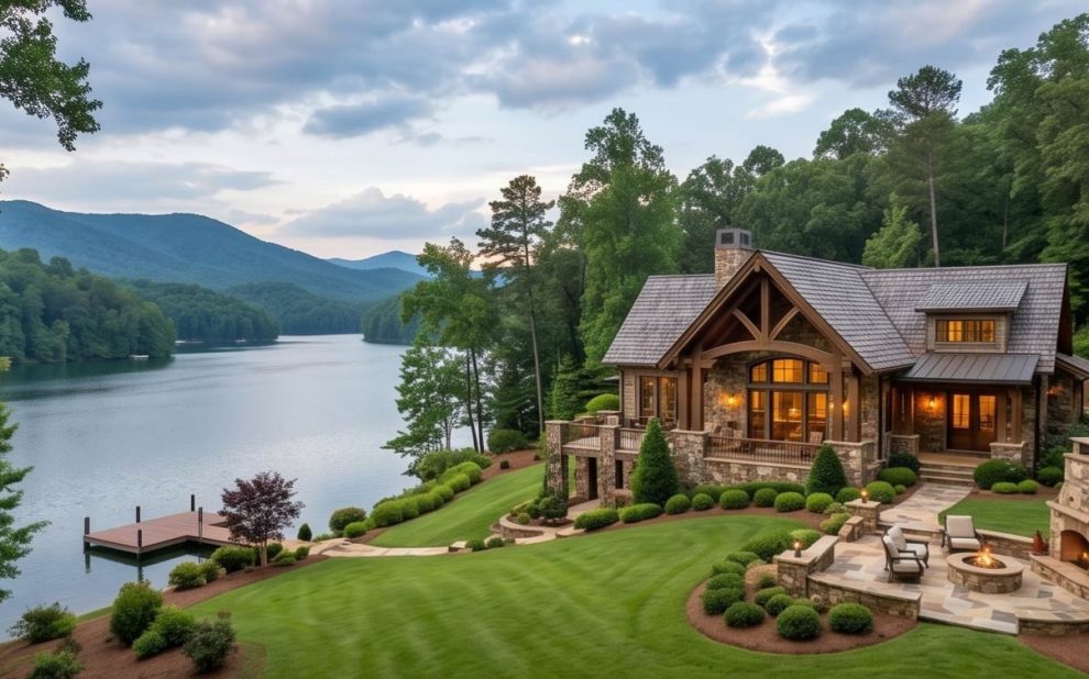 Luxurious lakeside stone house with timber accents, wraparound deck, and a manicured lawn by a calm lake at dusk.