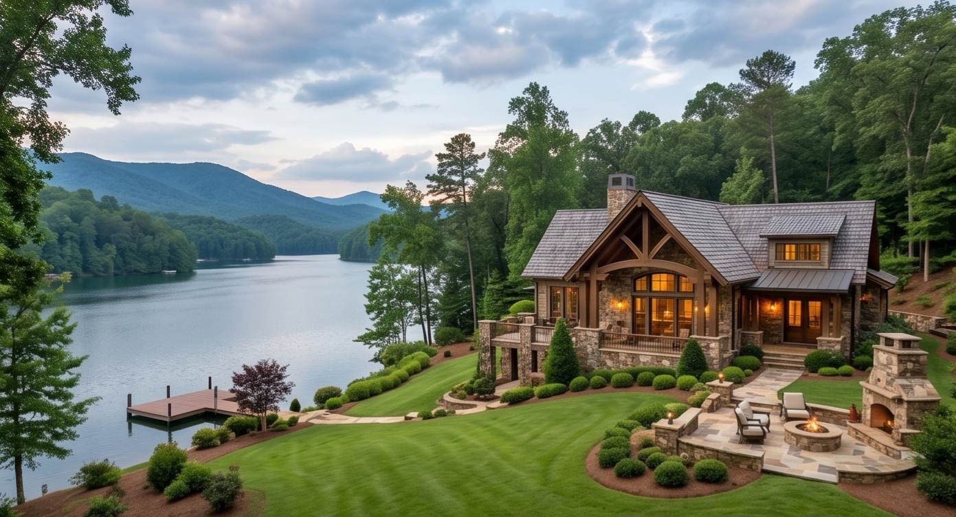 Luxurious lakeside stone house with timber accents, wraparound deck, and a manicured lawn by a calm lake at dusk.
