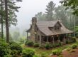 Cozy stone-and-wood cabin in a misty forest, with a wraparound porch and warm lights on. (informative image)