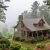 Cozy stone-and-wood cabin in a misty forest, with a wraparound porch and warm lights on. (informative image)