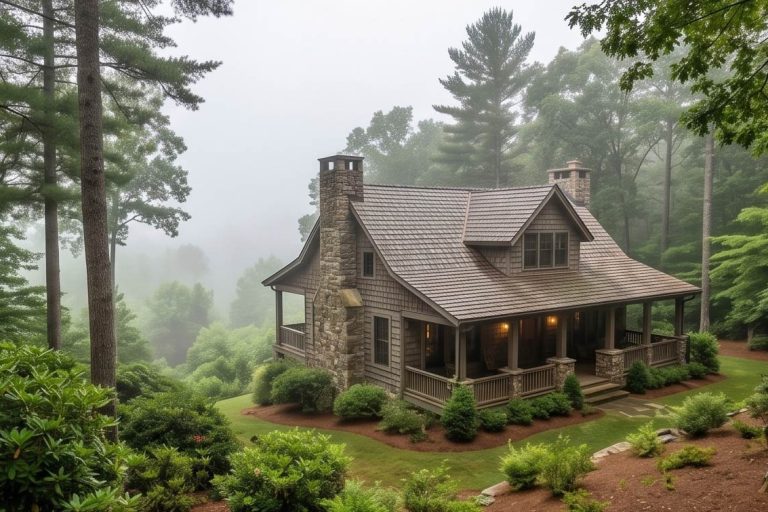 Cozy stone-and-wood cabin in a misty forest, with a wraparound porch and warm lights on. (informative image)