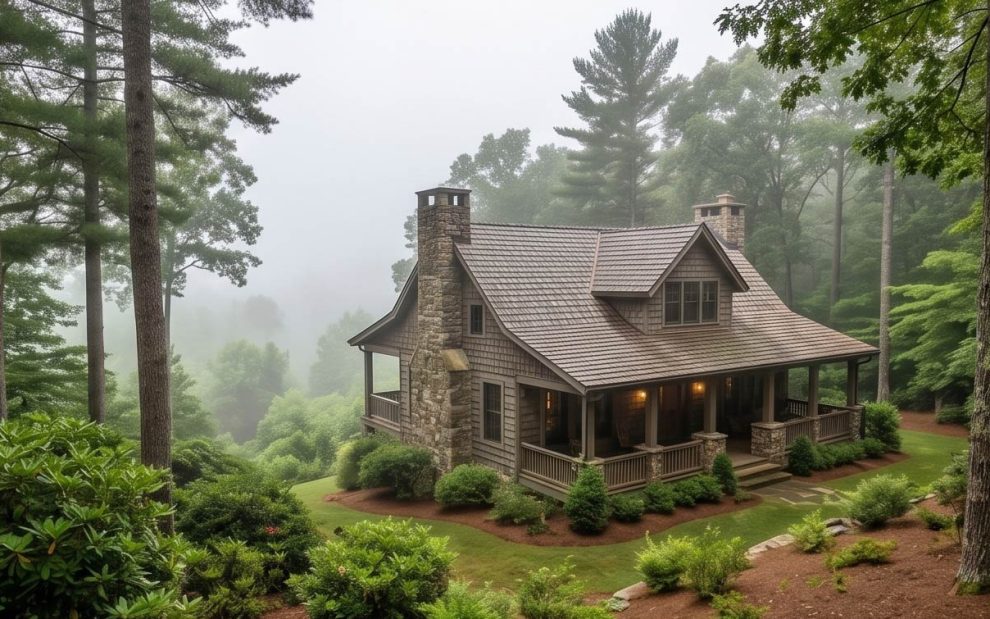 Cozy stone-and-wood cabin in a misty forest, with a wraparound porch and warm lights on. (informative image)
