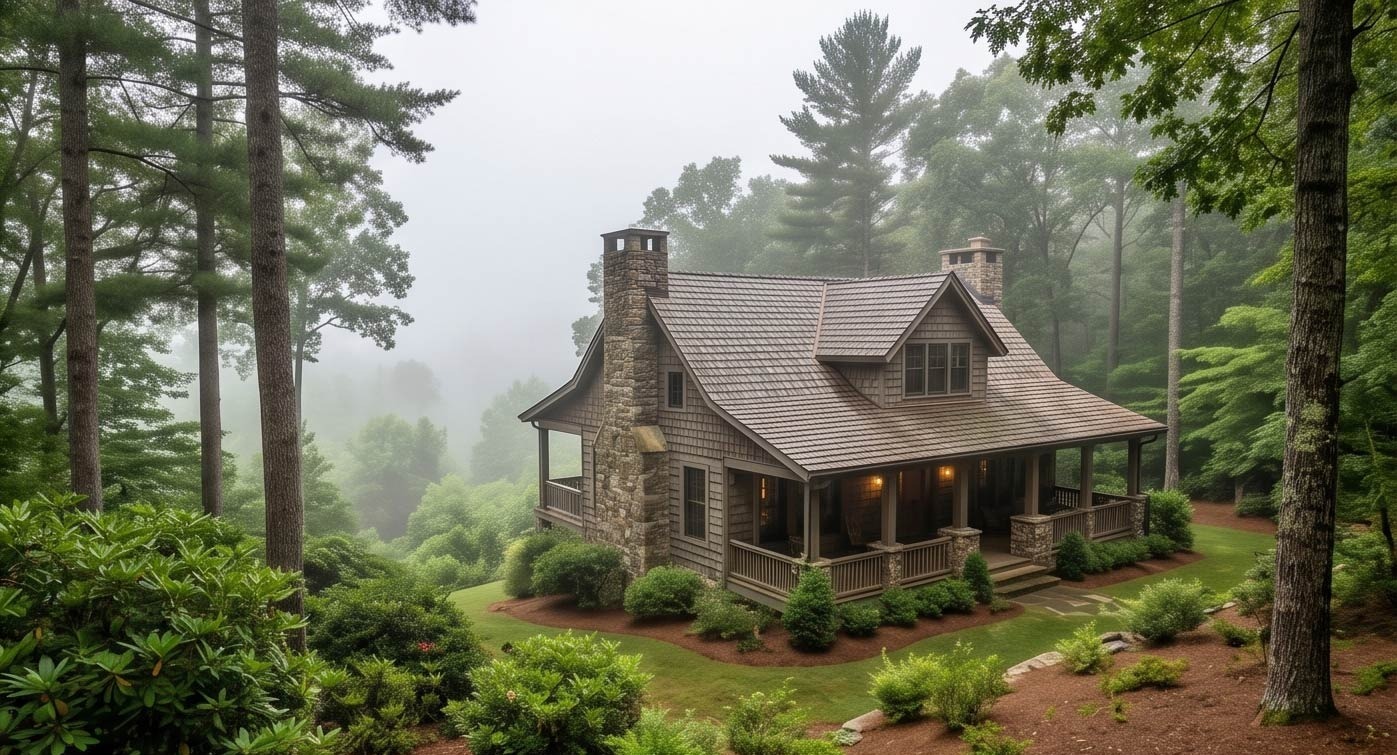 Cozy stone-and-wood cabin in a misty forest, with a wraparound porch and warm lights on. (informative image)