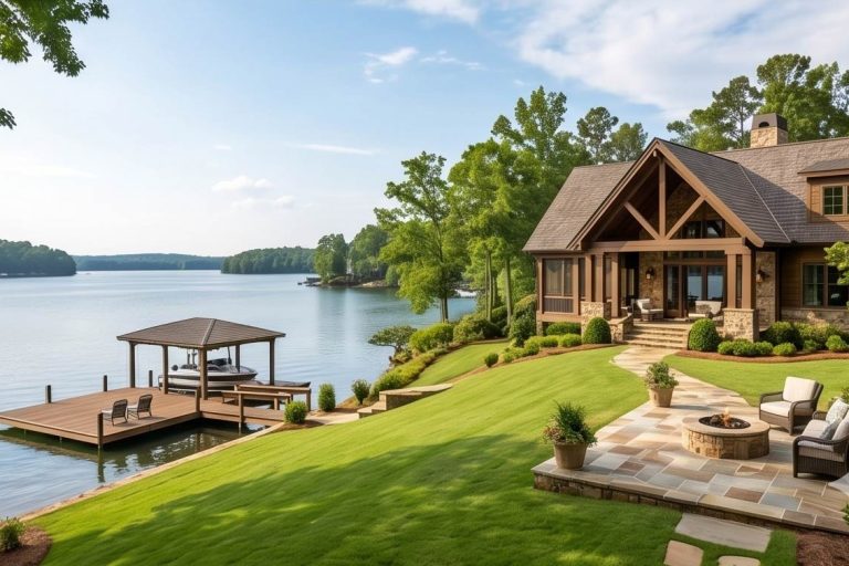 Lakeside house with stone and wood exterior, a spacious stone patio, and a wooden dock extending into a calm lake.