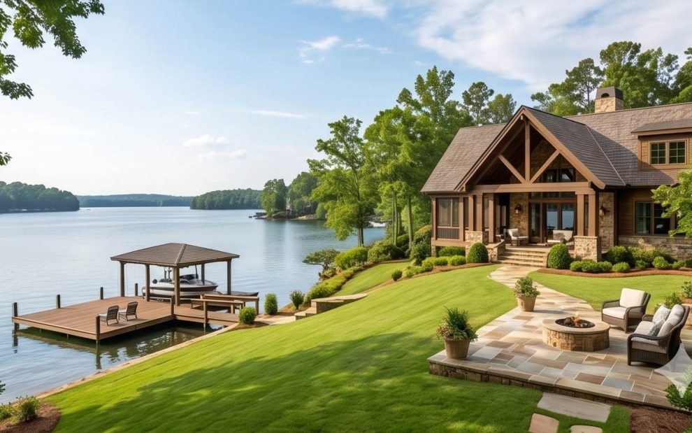 Lakeside house with stone and wood exterior, a spacious stone patio, and a wooden dock extending into a calm lake.