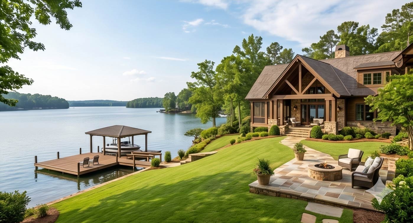Lakeside house with stone and wood exterior, a spacious stone patio, and a wooden dock extending into a calm lake.
