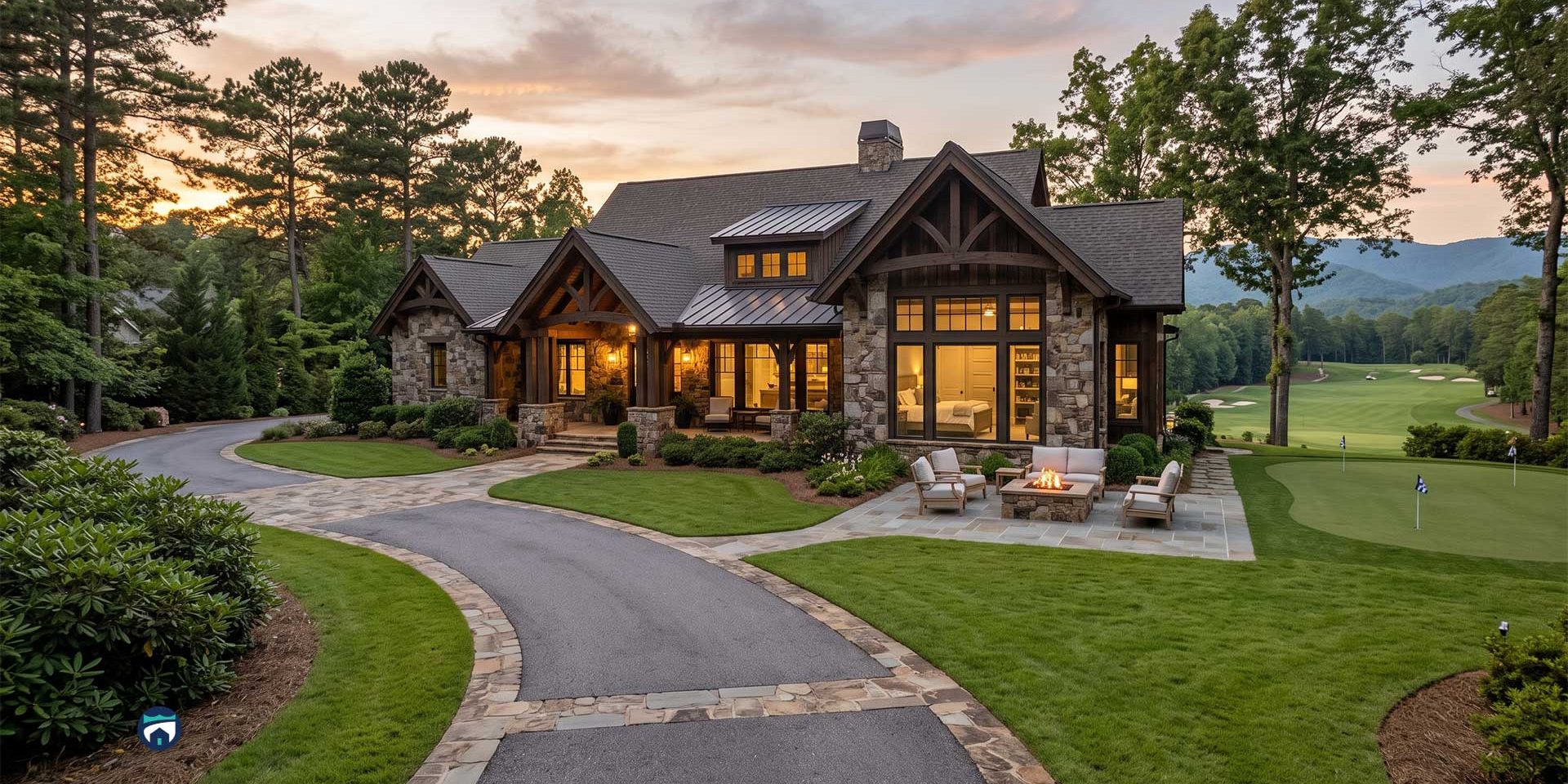 Luxurious stone-and-wood house with warm lighting, outdoor seating around a fire pit on a manicured lawn. Pre-arrival home prep