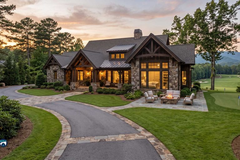 Luxurious stone-and-wood house with warm lighting, outdoor seating around a fire pit on a manicured lawn. Pre-arrival home prep