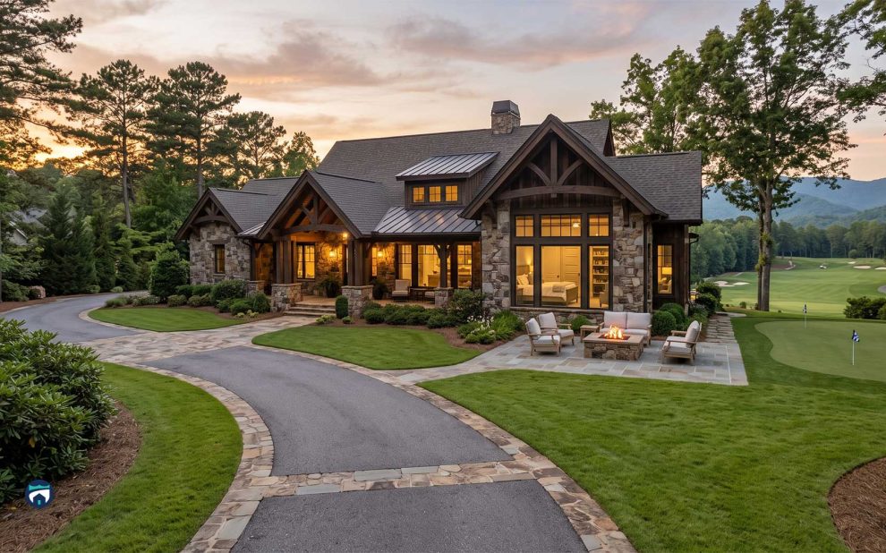 Luxurious stone-and-wood house with warm lighting, outdoor seating around a fire pit on a manicured lawn. Pre-arrival home prep