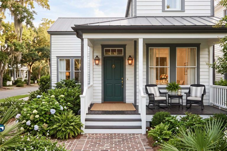 Front porch of a white house with a dark green front door, two wicker chairs, a small table, and lanterns, amid lush landscaping and a brick path.