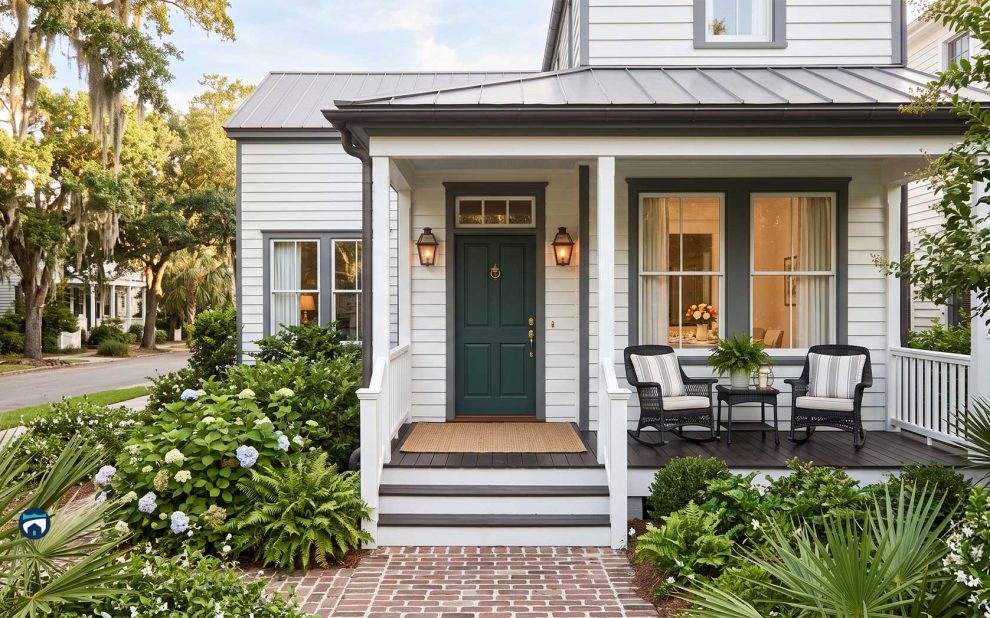 Front porch of a white house with a dark green front door, two wicker chairs, a small table, and lanterns, amid lush landscaping and a brick path.
