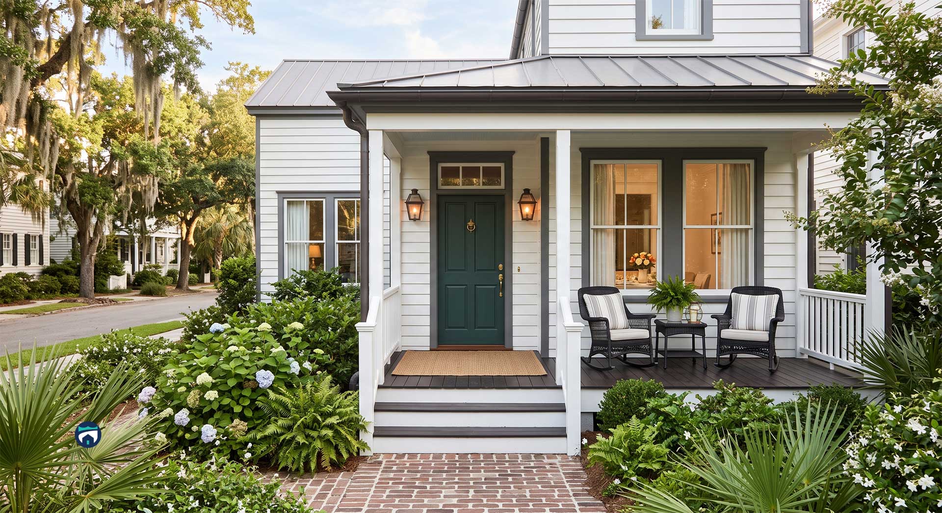 Charleston-Pre-Arrival-Prep-for-Weekend-Visits - Property Stewards Front porch of a white house with a dark green front door, two wicker chairs, a small table, and lanterns, amid lush landscaping and a brick path.