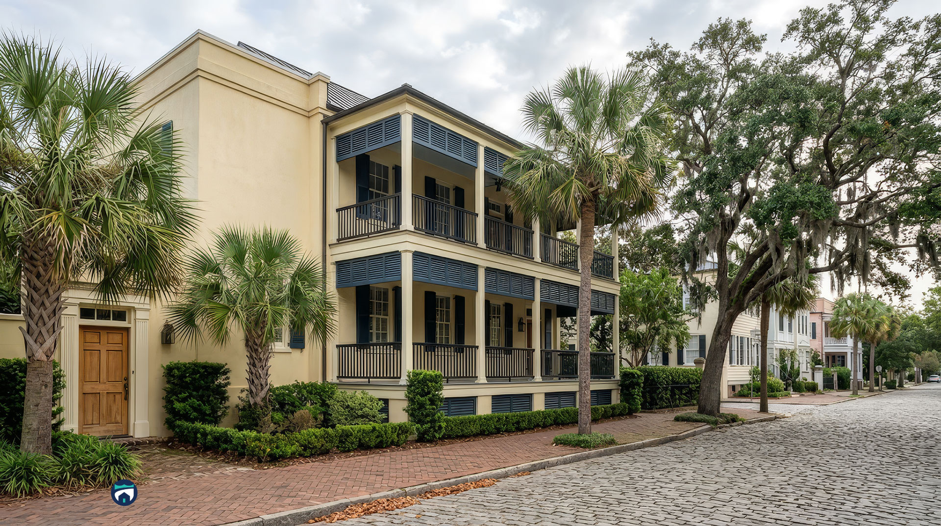 Charleston-Second-Home-Management-vs-Coastal-Home-Concierge-Care - Property Stewards Two-story yellow townhouse with blue shutters and balconies along a palm-lined street.
