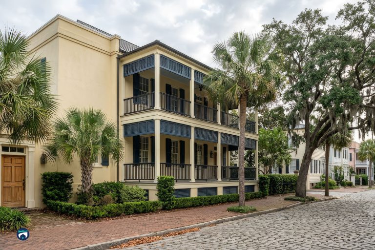 Three-story beige townhouse with blue shutters and wraparound balconies on a palm-lined street