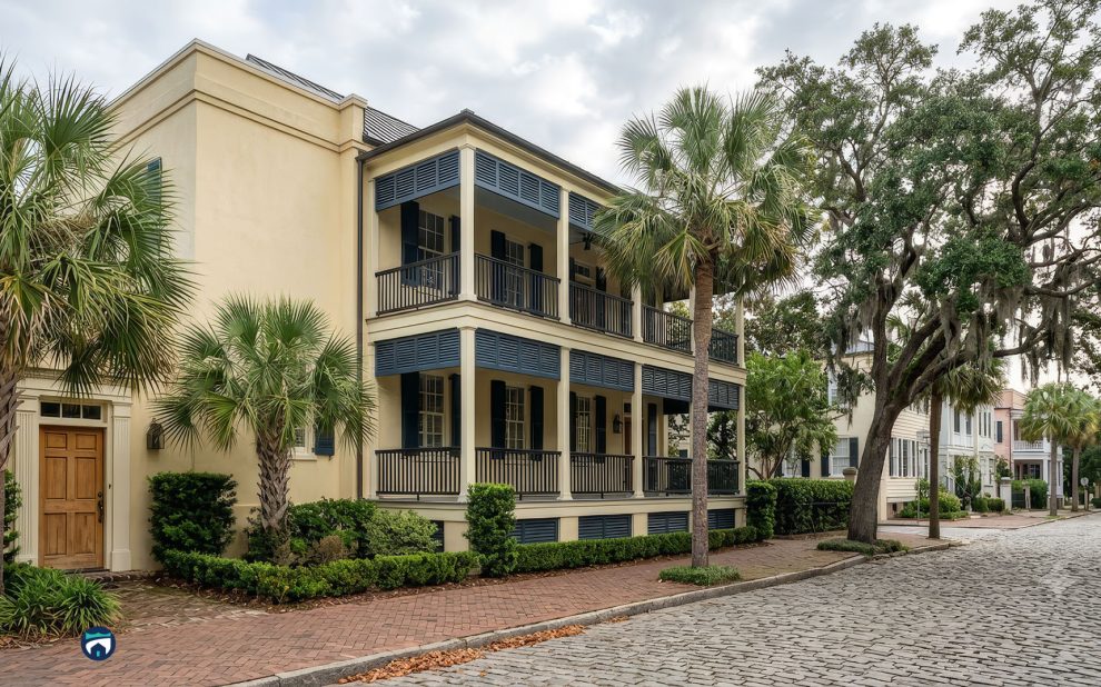 Three-story beige townhouse with blue shutters and wraparound balconies on a palm-lined street