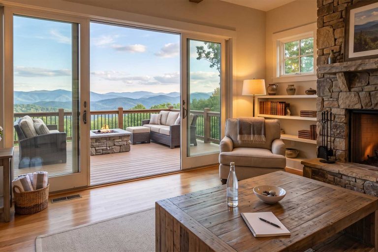 Cozy living room with a stone fireplace, large sliding doors, and a deck overlooking misty blue mountains outdoors. A beige armchair and wooden coffee table sit near a built-in bookshelf and warm lighting.